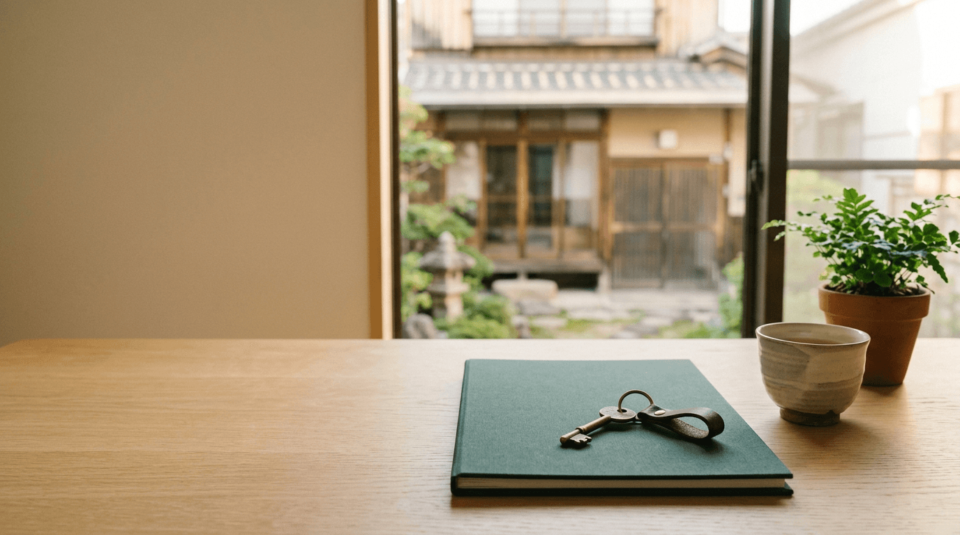 窓の外に実家が見える机に置かれた家の鍵と書類ファイル（実家の管理を託すイメージ）